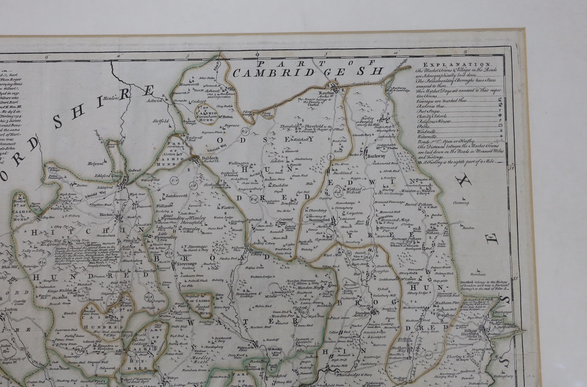 Thomas Kitchin, coloured engraving, A New and Improved Map of Hartfordshire (sic), sold by J. Hinton, London, 1749, 55 x 67cm